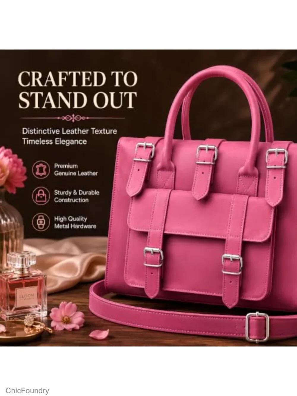 Genuine Leather Satchel Bag Vintage Buckle Strap Structured Work Tote Large